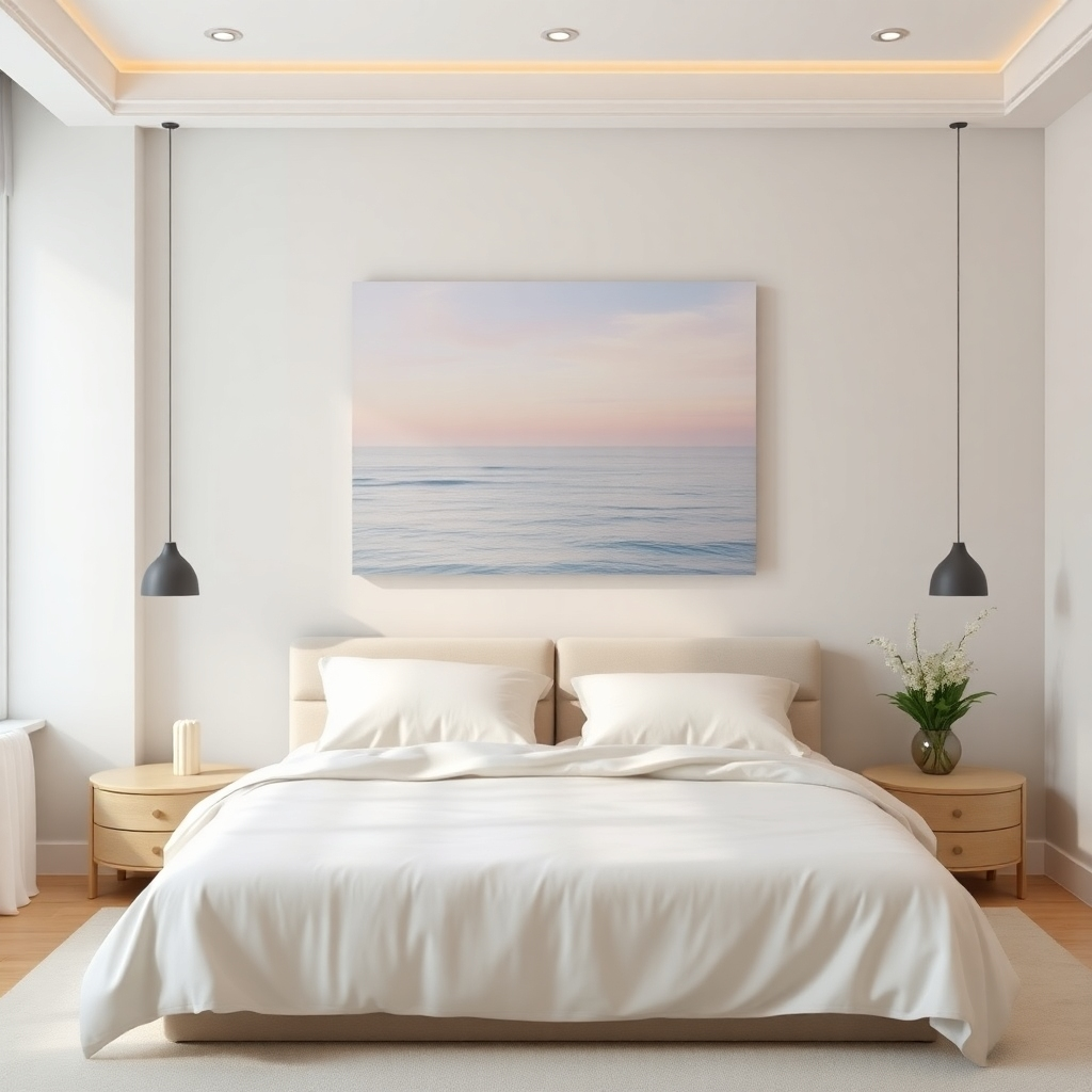 A photorealistic image of a calm and serene bedroom.  The focal point is a UV-printed artwork on the wall above the bed. The artwork depicts a calming seascape with soft, pastel colors. The image should emphasize the soft lighting and the overall peaceful ambiance of the room. The bed is neatly made with soft linens, and the room is styled with calming decor.