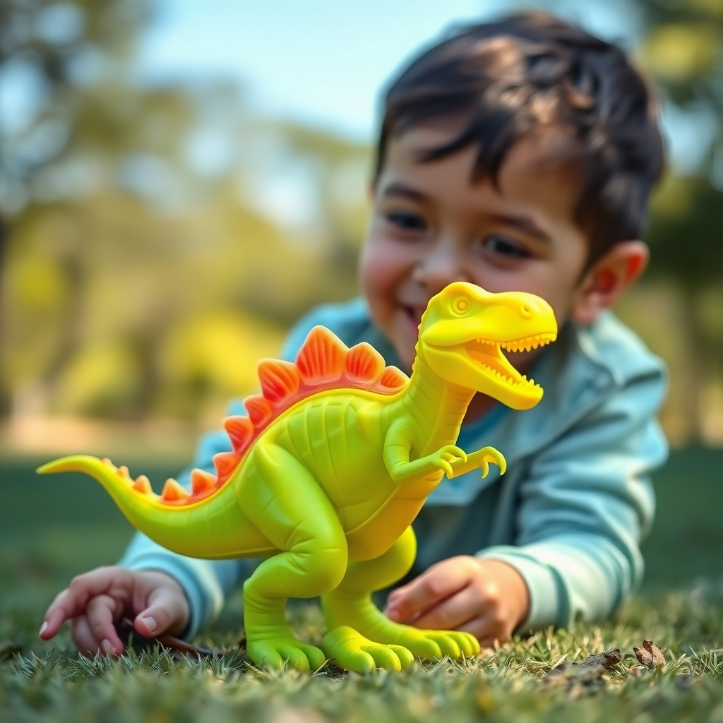 A photorealistic image of a child happily playing with a unique, brightly colored 3D-printed plastic toy dinosaur,  made from PLA filament. The background should be a blurred, sunny park setting. The dinosaur should show intricate details and smooth surface finish, highlighting the high quality of the 3D printing.