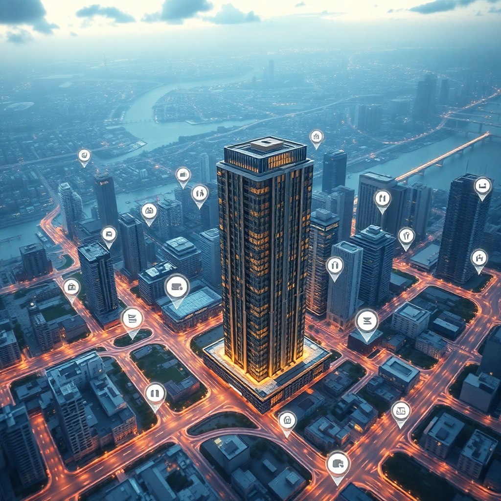 A photorealistic image of a city map highlighting a prime condo location with icons showing nearby amenities like schools, hospitals, and transportation hubs. The condo building should be prominently displayed, modern and luxurious, with high-rise architecture. The overall mood should be sophisticated and promising, conveying a sense of lucrative investment.
