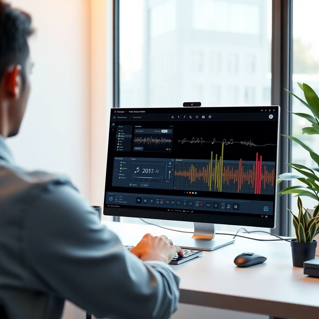 A photorealistic image of a clean, modern workspace with a person using advanced AI music software on a sleek computer. The screen should display various tools and options for music creation, with visualized sound waves and musical notes. The overall style should be minimalist, techy, yet warm and inviting, highlighting the ease of use and potential of the software.