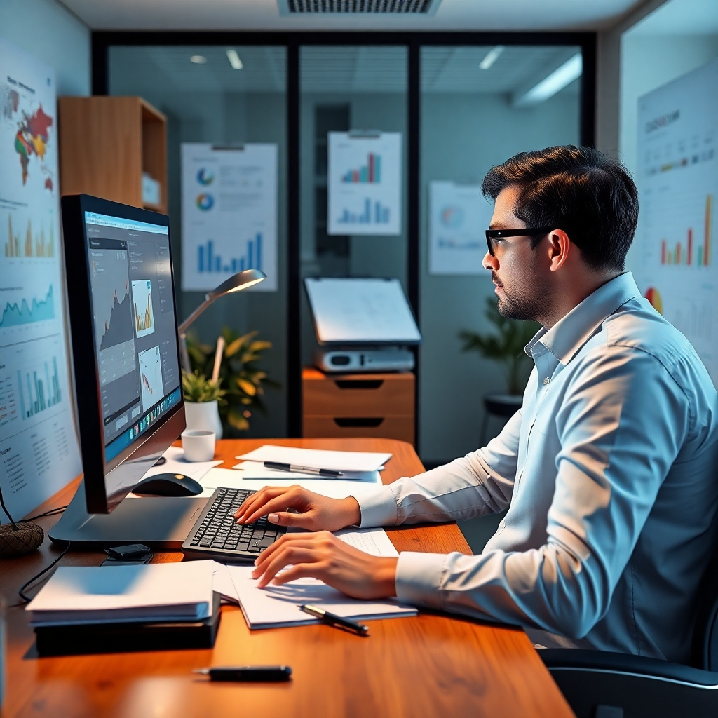 A photorealistic image of a clean, organized accounting office with a person expertly using accounting software on a computer, surrounded by neatly arranged financial documents and charts. The image should emphasize accuracy, precision, and efficiency in accounting.
