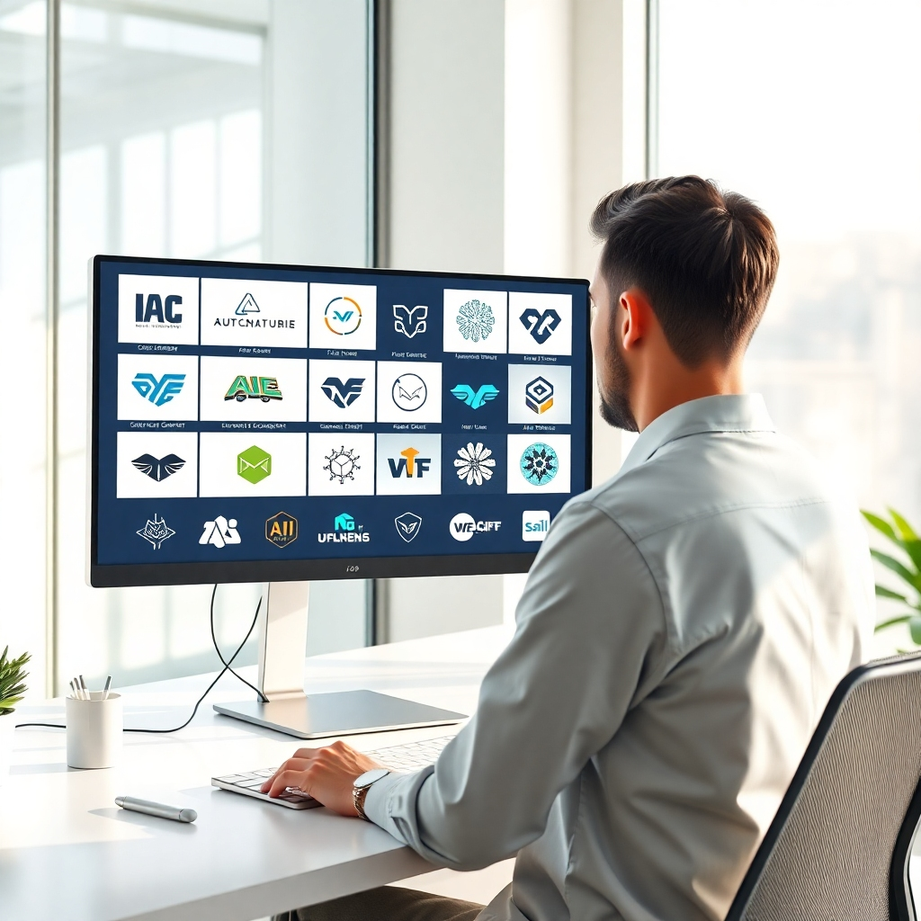 A photorealistic image of a clean, modern workspace with a designer looking at a computer screen displaying various AI-generated logo concepts for a fictional tech company. The logos should be sleek and innovative. The background should be bright and airy, with natural light streaming in from a large window. The overall mood should be one of creative collaboration and efficiency.