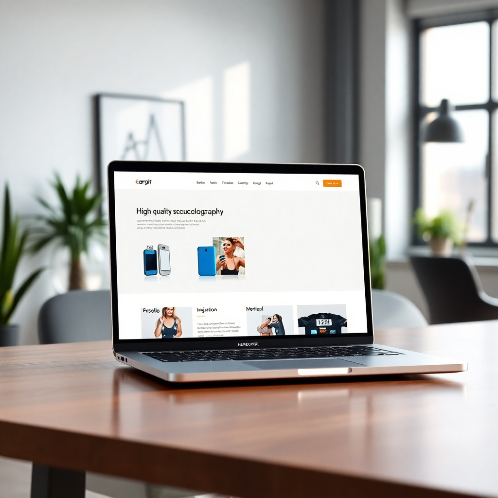 A photorealistic image of a clean, modern, and responsive website design on a high-end laptop screen. The website should showcase high-quality product photography, easy navigation, and a clear call-to-action.  The background should be a minimalist, modern office setting with natural light.