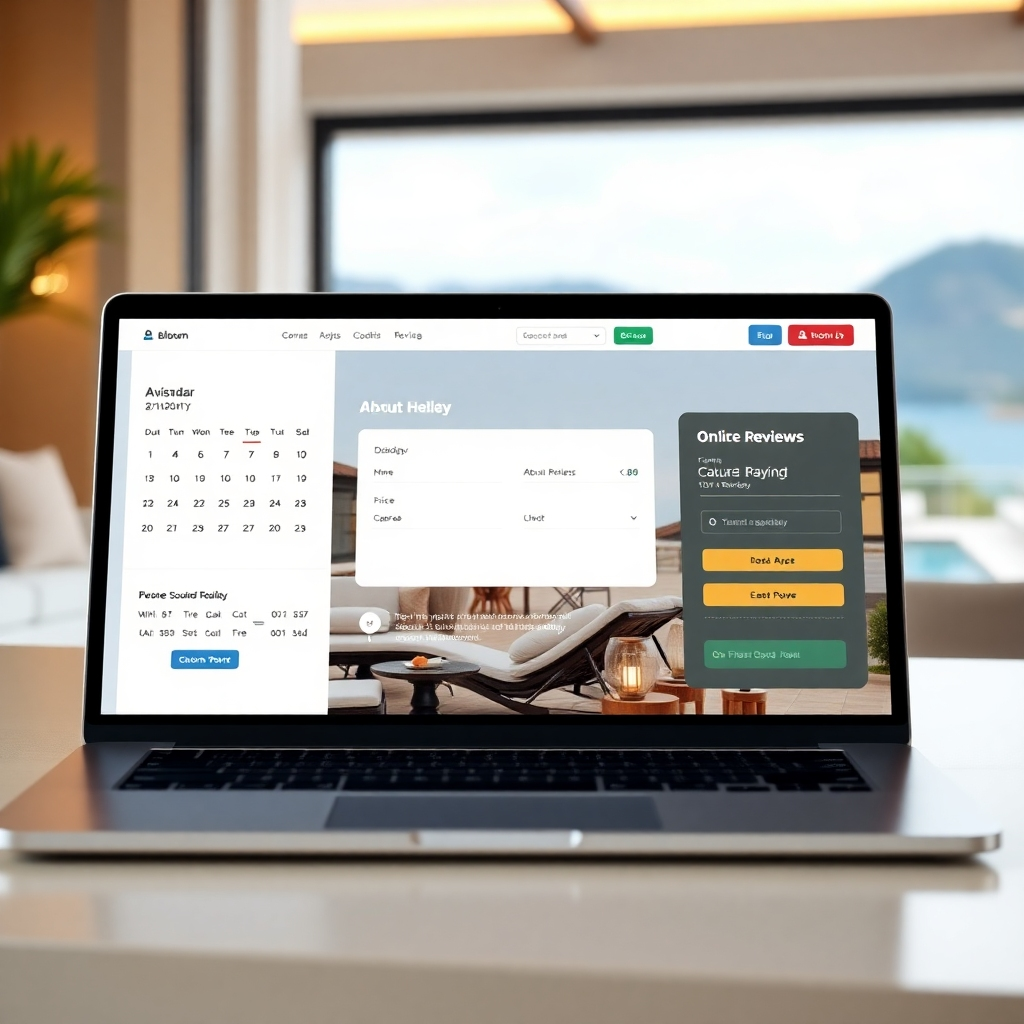 A photorealistic image of a clean and intuitive online booking interface on a laptop screen. The interface should clearly display calendar availability, pricing, guest reviews, and a secure payment gateway, with a backdrop of a luxurious vacation rental property to showcase the end result. The overall impression should be sleek, modern, and easy to use