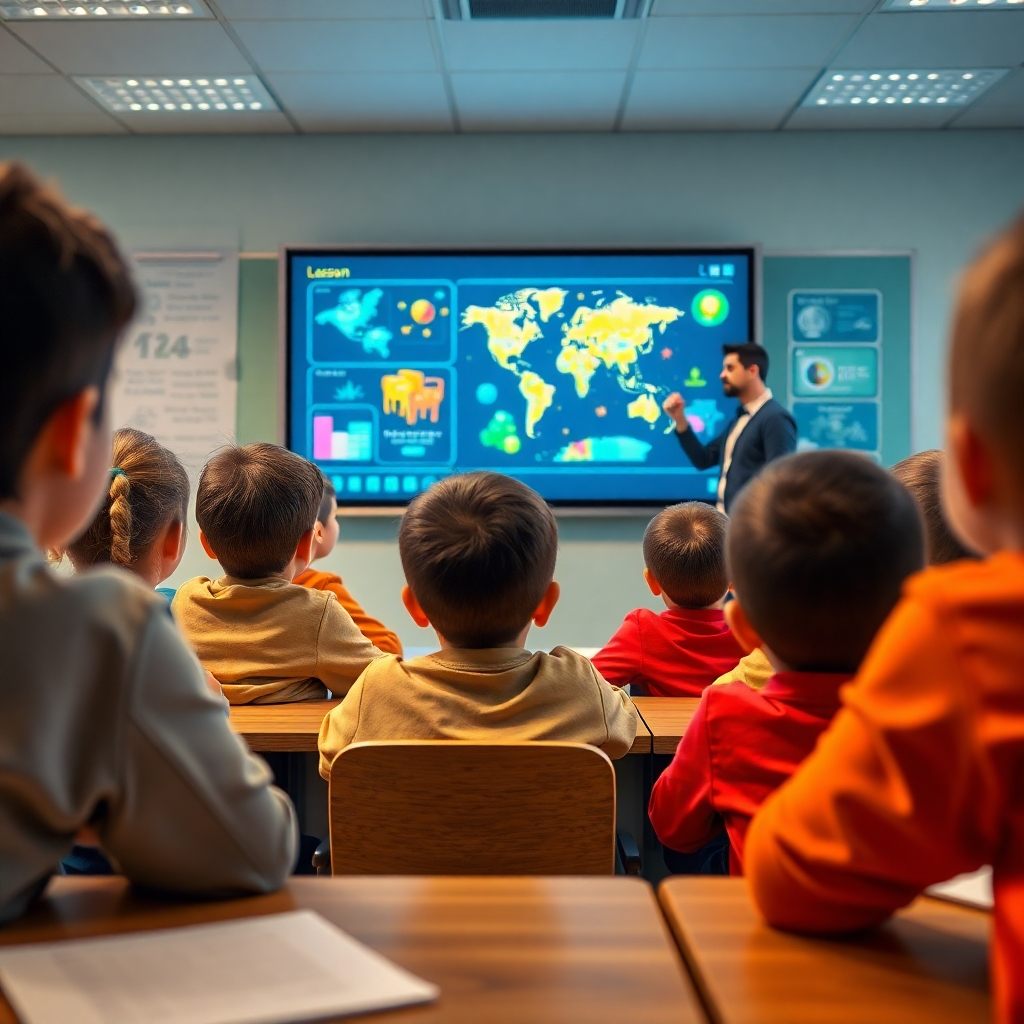 A photorealistic image of a classroom where students are actively engaged with an interactive lesson displayed on a smartboard. The lesson should incorporate vibrant graphics, animations, and interactive elements generated with AI assistance. The scene should capture the students' excitement and interest in the visually rich learning environment.  The background should include a teacher subtly guiding the learning process.