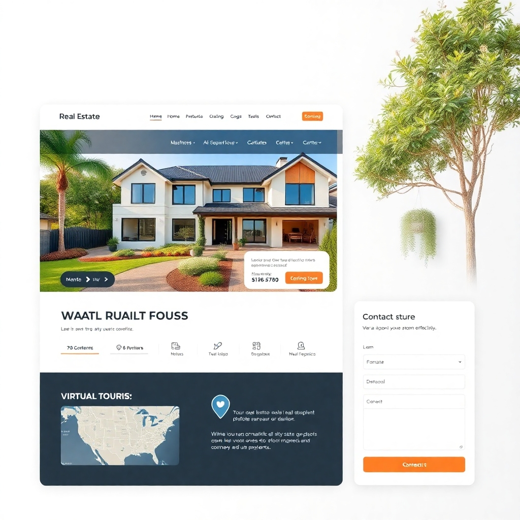 A photorealistic image of a clean, modern website interface showcasing a real estate listing with high-quality photos of a beautiful house, alongside user-friendly tools such as a map, virtual tour button, and contact form. The overall design should be intuitive and easy to navigate, emphasizing ease of use and efficiency.