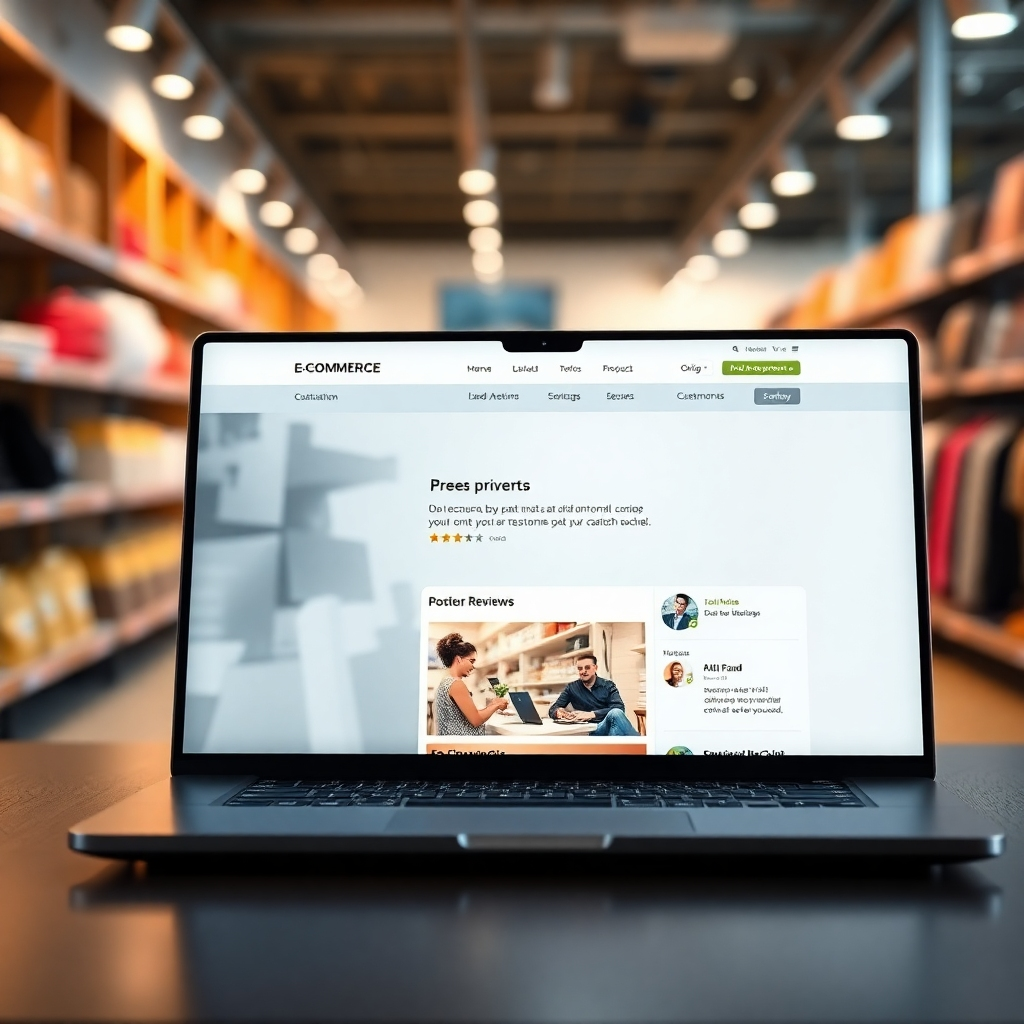  A photorealistic image of a clean and modern e-commerce website on a high-resolution laptop screen, with positive customer reviews and testimonials prominently displayed. The background should be a blurred image of a well-organized and aesthetically pleasing physical store.