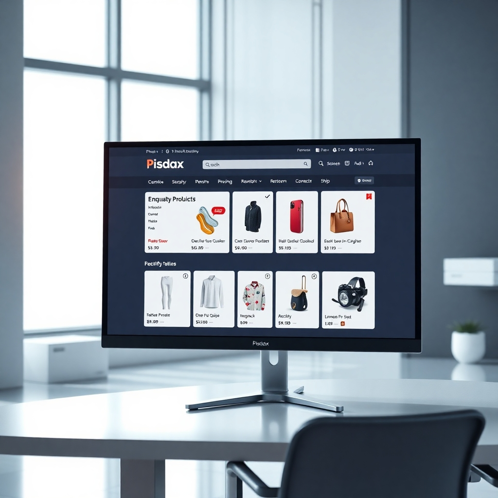 A photorealistic image of a clean, modern e-commerce website with high-quality product photos, intuitive navigation, and a visually appealing layout. The website should be on a large monitor, showcasing a seamless user experience.  The background should be a minimalist, bright office space.