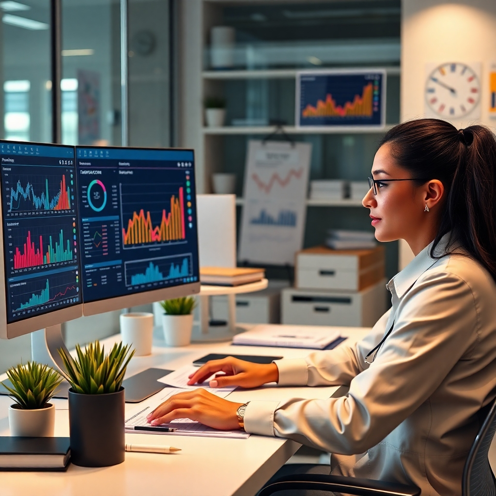 A photorealistic image of a clean and organized office workspace with a modern computer displaying financial software, various charts and reports, and a person working efficiently with a calm and focused expression. The image should communicate efficiency, accuracy and control over finances.