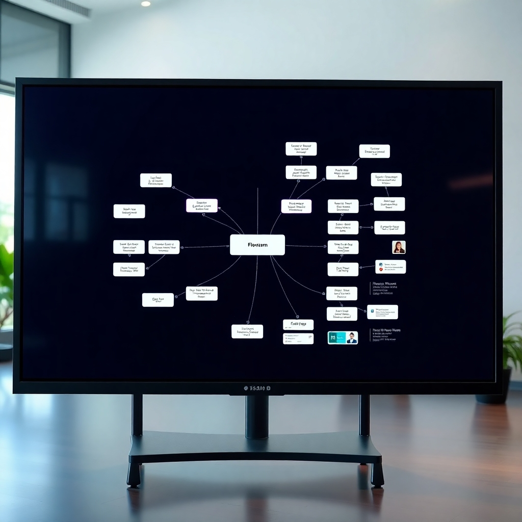 A photorealistic image of a clean, organized flowchart or mind map on a large screen, visually representing a well-structured content plan. The design should be modern and user-friendly, showcasing a clear progression of information, possibly incorporating various media elements like icons and images. High resolution, detailed, sharp focus, bright and airy setting.