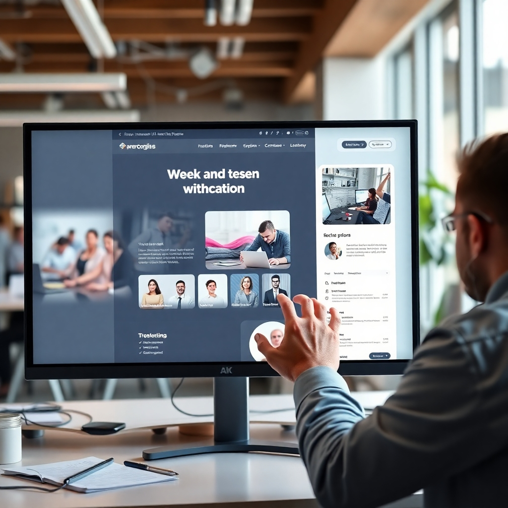 A photorealistic image of a clean, modern website design in progress on a large monitor, showcasing beautiful UI elements and intuitive navigation, with a designer's hands making adjustments.  The background should subtly depict a bustling office environment, suggesting teamwork and expertise. The image must be highly detailed and visually engaging