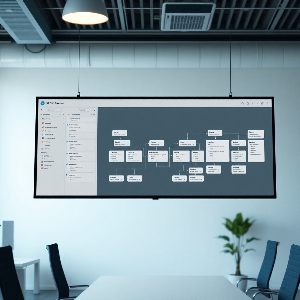 A photorealistic image of a clean, organized website sitemap displayed on a large monitor, with highlights showing clear navigation paths and interconnected pages.  The background should be a modern, minimalist office setting. The overall mood should be professional and efficient.