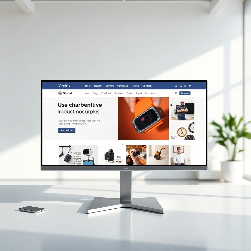 A photorealistic image of a clean, modern website design on a large monitor, showcasing high-quality product photography and easy navigation. The background should be a minimalist, modern office setting with natural light.