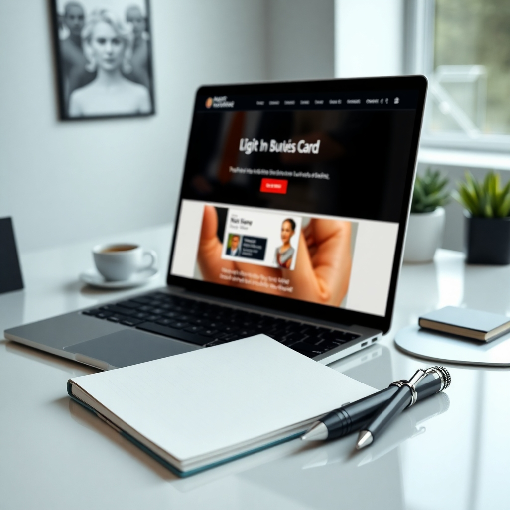 A photorealistic image of a clean, modern workspace with a laptop displaying a website showcasing a beautifully designed digital business card.  The image should also include a stylish notebook and pen, subtly suggesting professionalism and attention to detail.  The overall mood should be one of calm confidence and productivity.