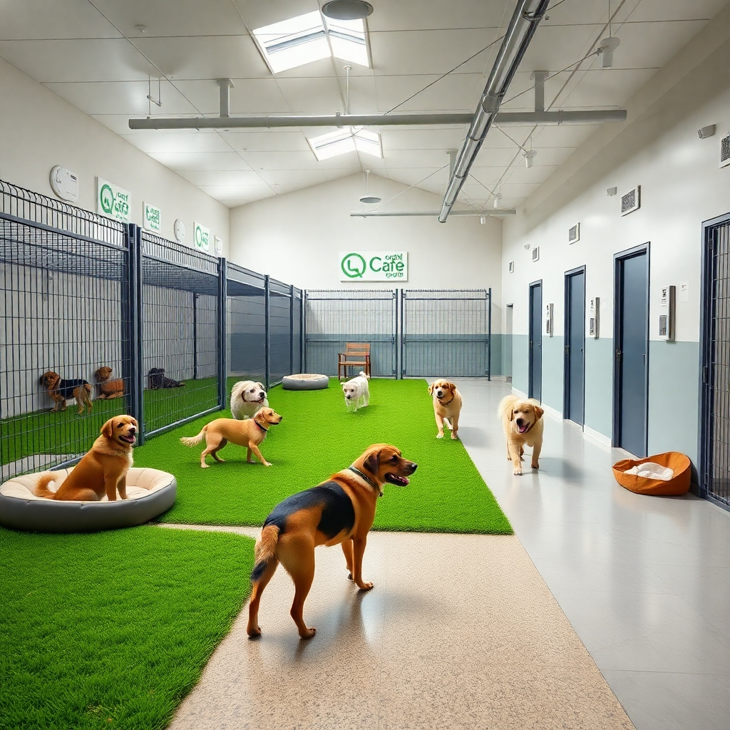 A photorealistic image of a clean, spacious, and well-lit dog boarding facility. Show happy dogs playing in a securely fenced outdoor area with lush green grass. Include details like comfortable dog beds, modern kennels, and security cameras subtly placed. The overall feeling should be one of safety, comfort, and cleanliness.  The lighting should be natural and bright.