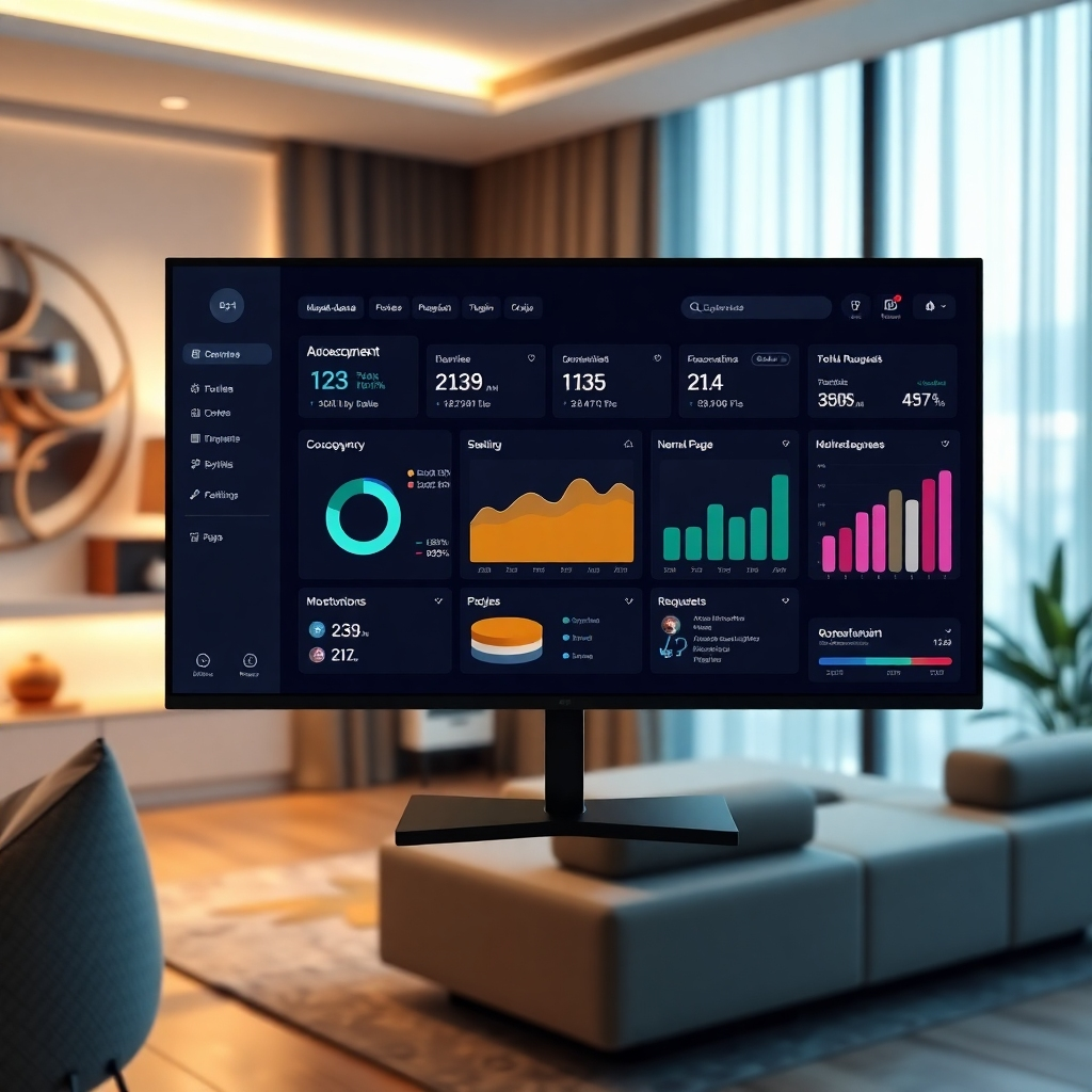 A photorealistic image of a clean, modern dashboard interface on a large monitor, displaying key metrics such as occupancy rates, upcoming bookings, and maintenance requests.  The background should be a blurred image of a stylish apartment interior. The overall mood should be clean, efficient, and professional. High resolution, detailed interface elements.