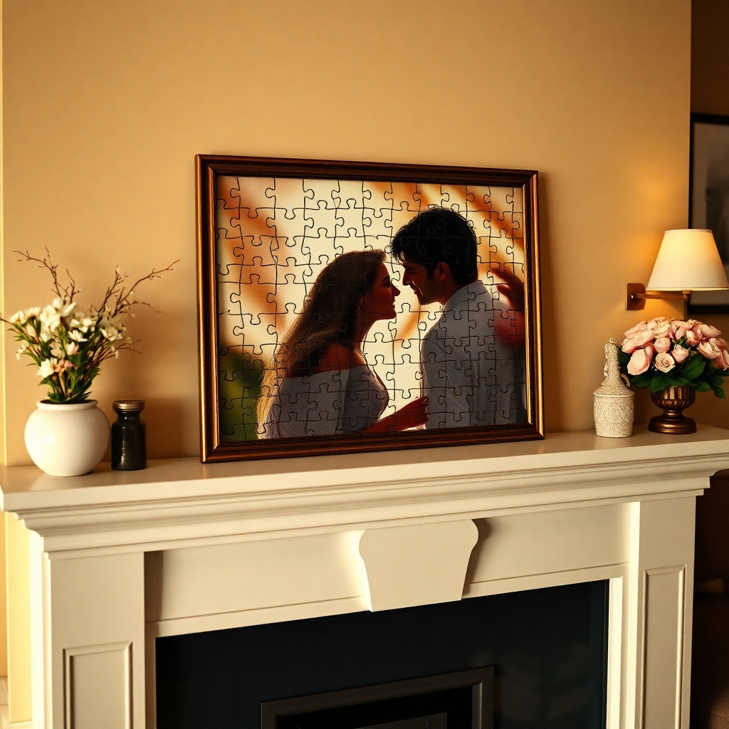 A photorealistic image of a completed jigsaw puzzle displayed on a mantelpiece. The puzzle depicts a romantic scene of a couple, beautifully framed.  The setting is a warm and inviting home environment, suggesting lasting love and memories. Soft, natural lighting enhances the image's romantic mood. High detail, 8k quality, ultra-realistic.