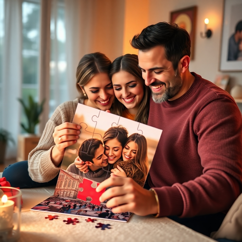 A photorealistic image of a couple happily assembling a jigsaw puzzle of a romantic photo of themselves. The puzzle pieces are large and colorful, and the couple is smiling and interacting lovingly. The setting is a cozy, well-lit room with a warm ambiance. High-resolution, detailed textures, sharp focus.