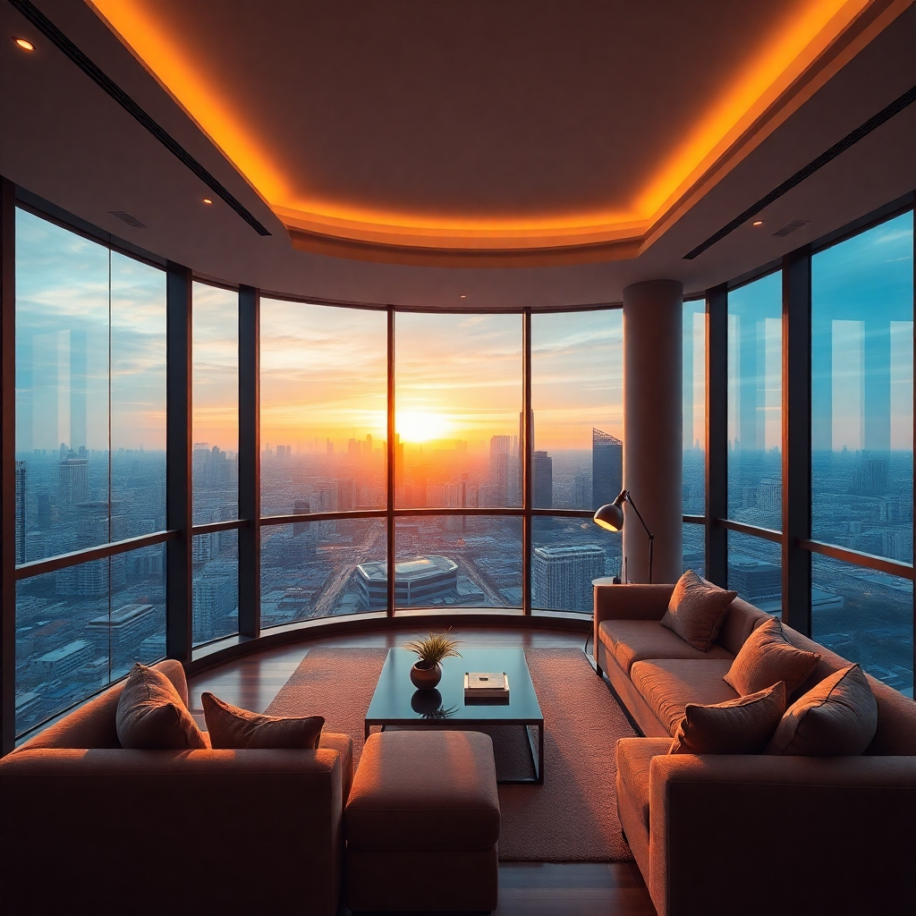 A photorealistic image of a condo unit's living room with floor-to-ceiling windows offering a panoramic view of Bangkok's cityscape at sunset. The room is modern and stylish, with comfortable furniture and soft lighting. The image should emphasize the stunning view and the spaciousness of the unit.  High resolution, 8k
