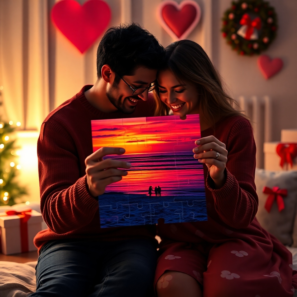 A photorealistic image of a couple happily assembling a high-quality jigsaw puzzle printed with vibrant UV colors. The puzzle depicts a romantic scene, perhaps a sunset beach or a cozy moment together. The image should emphasize the joy and connection between the couple. Include a gift box and Valentine's Day decorations in the background.