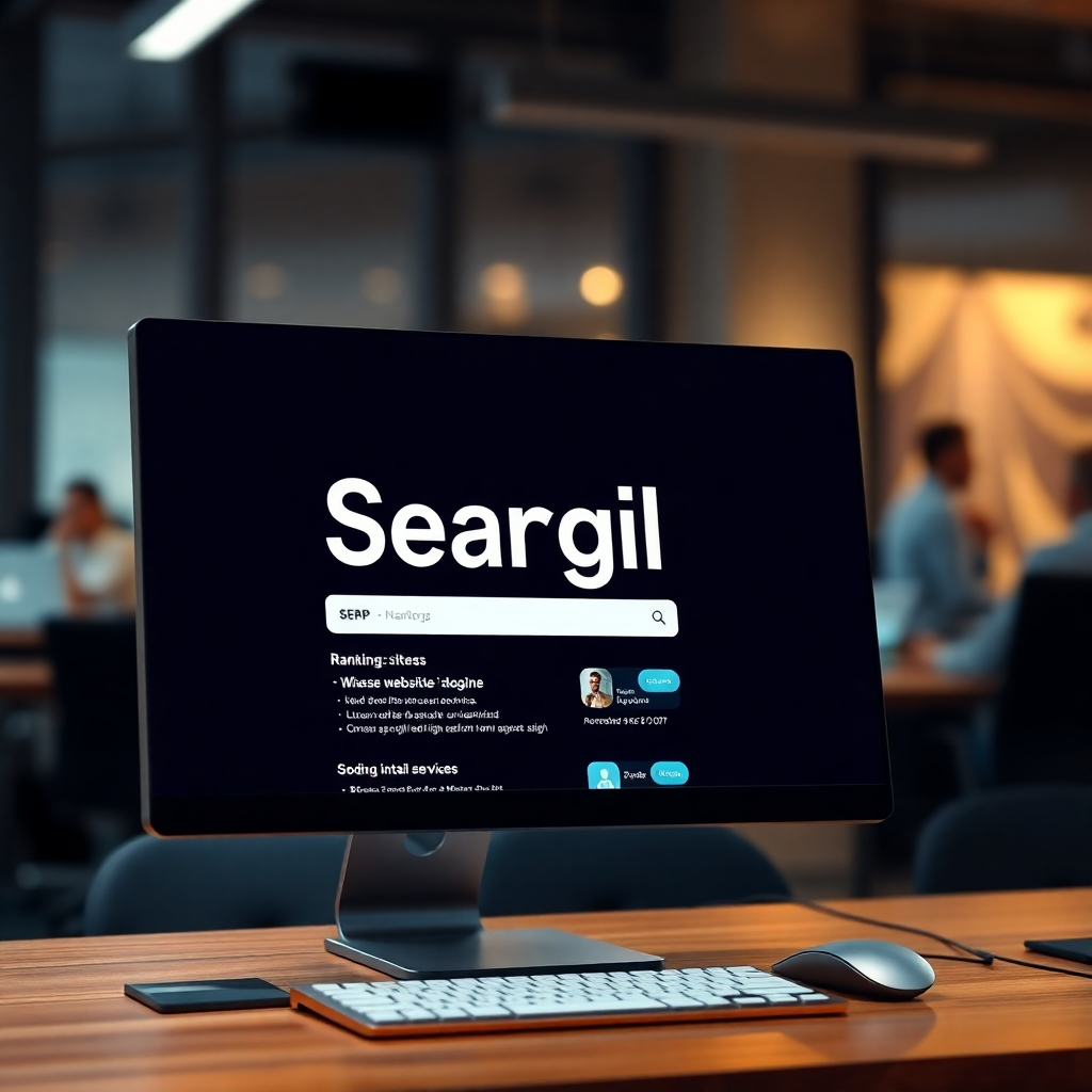 A photorealistic image of a computer screen showing a website ranking high on a search engine results page (SERP).  The website should look modern and professional. In the background, a blurred image of a bustling office or a team of people working collaboratively could be included. The mood should be one of success and achievement.