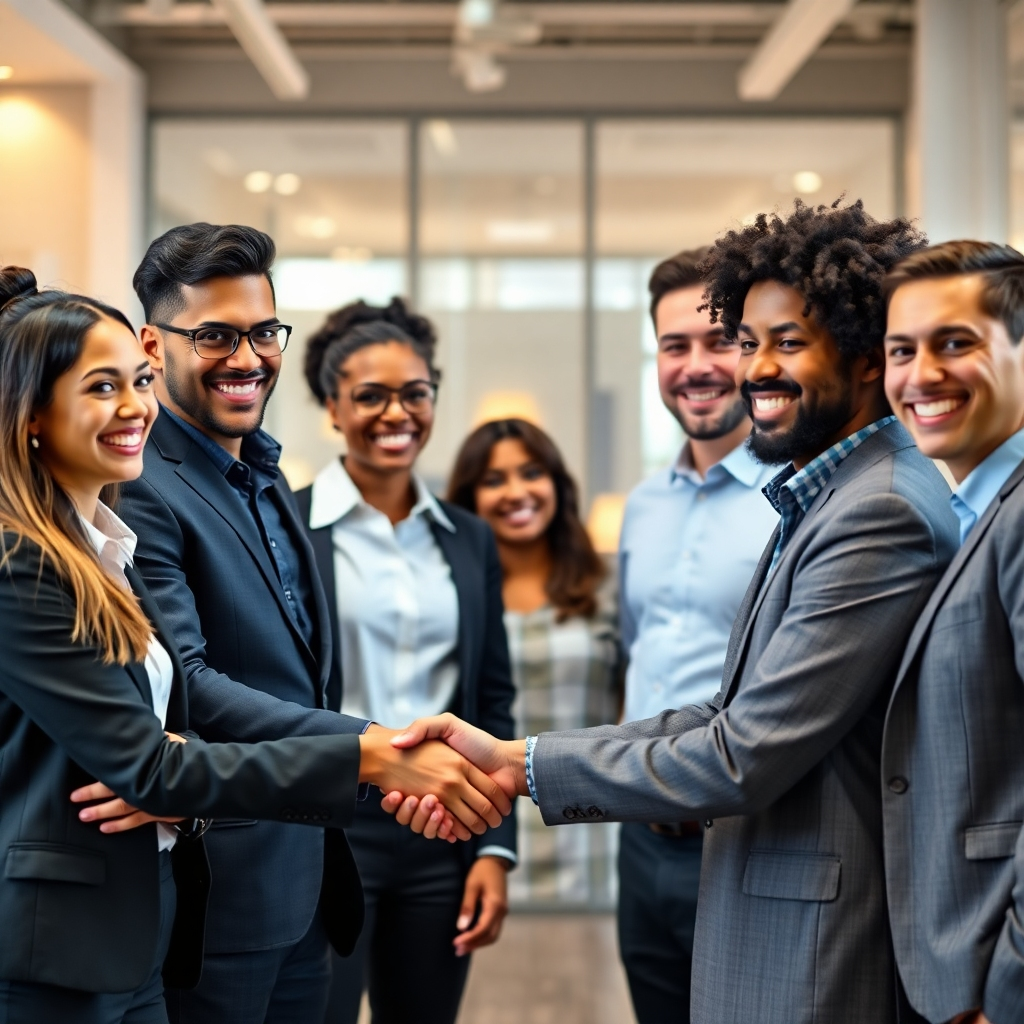 A photorealistic image of a confident team of diverse accountants and tax professionals smiling warmly and shaking hands with a happy business owner.  The setting should be a modern and welcoming office space, promoting a feeling of trust and partnership. The expressions on everyone's faces should convey confidence, competence, and a collaborative spirit.  Use professional attire and a well-lit, pleasant background.