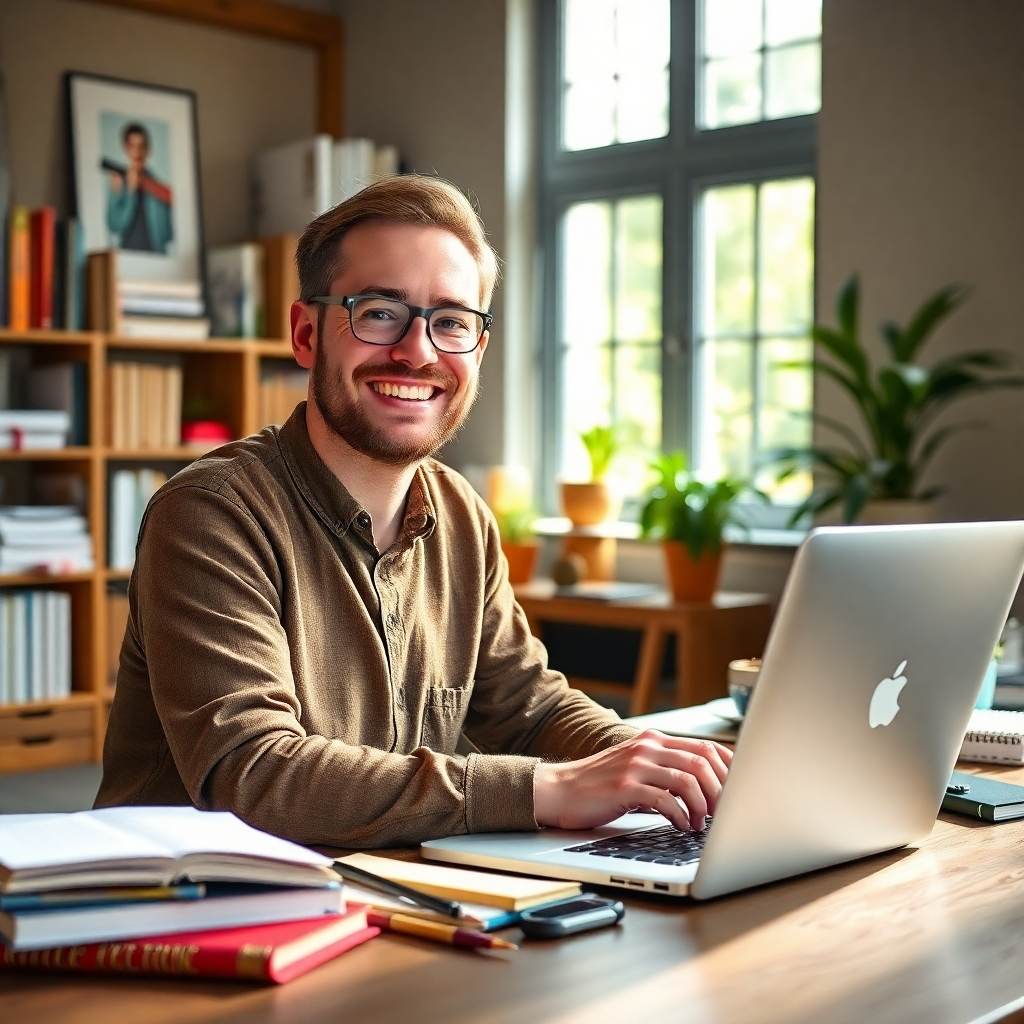 A photorealistic image of a content creator smiling confidently while working on a laptop, surrounded by books, notepads, and other creative materials. The background should showcase a well-lit and organized workspace with natural light streaming in. Focus on the creative and productive atmosphere. The image should convey a sense of inspiration, creativity and professionalism; emphasize the positive energy associated with content creation.