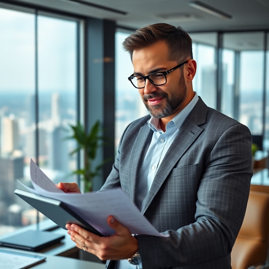 A photorealistic image of a confident, successful-looking real estate investor reviewing financial documents on a tablet.  The background should show a modern, upscale office environment, possibly with views of a bustling city. The overall mood should convey success, smart financial management, and the attainment of high returns on investment. The image should subtly suggest wealth and sophistication.
