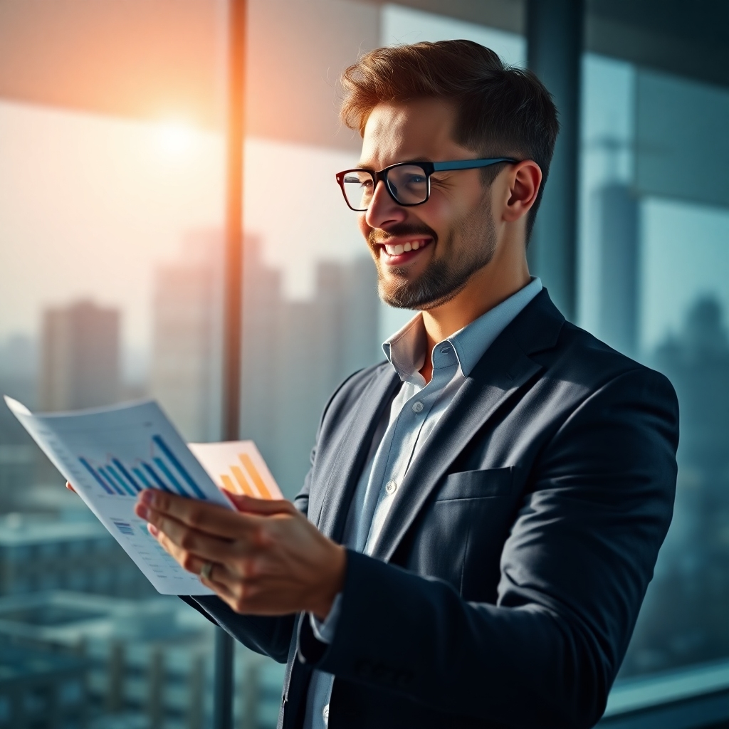A photorealistic image of a confident business owner reviewing positive financial charts and graphs, smiling and looking towards a bright future. The background should subtly include elements representing business success, like a modern cityscape or a thriving business environment.
