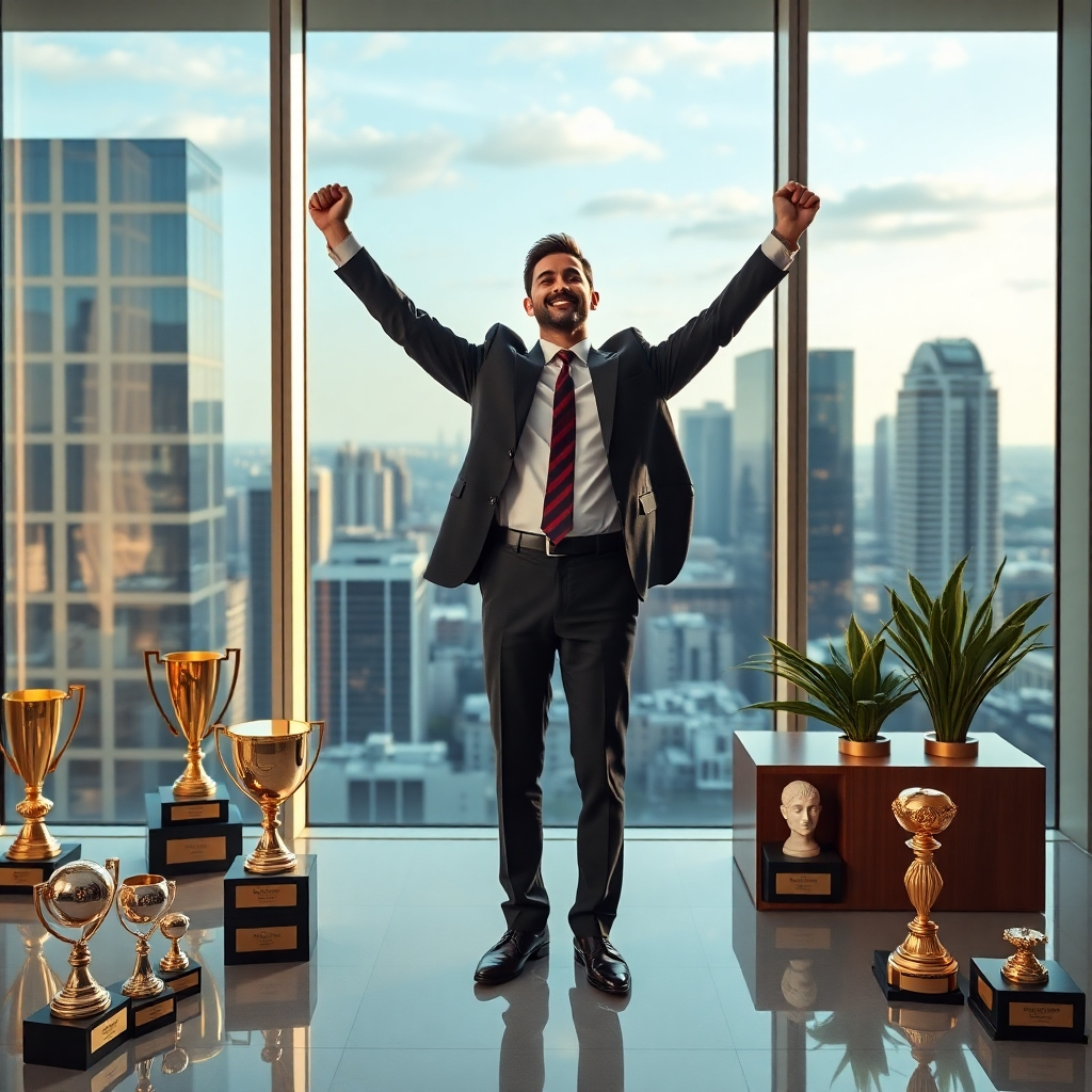 A photorealistic image of a confident person in a business suit standing triumphantly in a modern office, overlooking a cityscape from a large window. The scene should be filled with symbols of success such as awards, trophies and successful project presentations on screen.