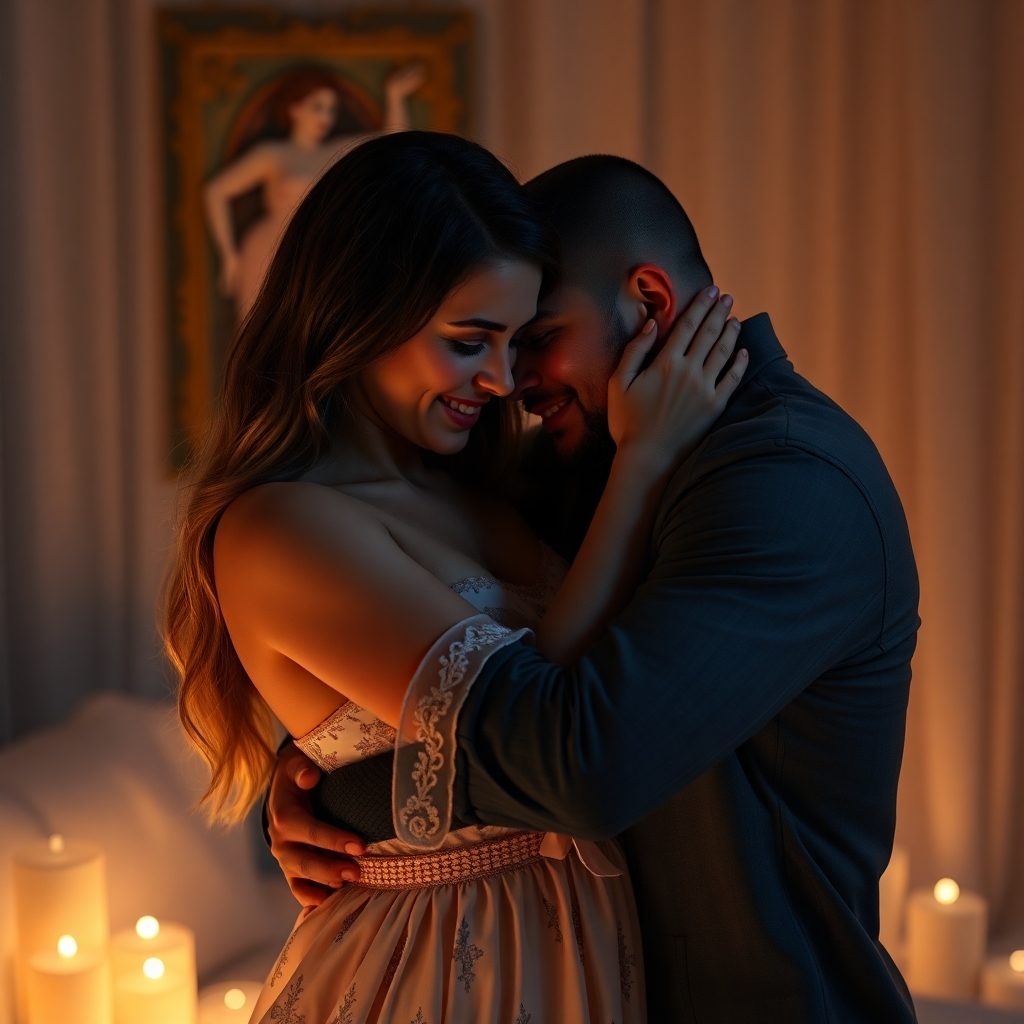 A photorealistic image of a couple embracing intimately, suggesting closeness and satisfaction. The lighting should be soft and romantic, and the overall mood should be one of happiness and fulfillment.  The focus should be on their expressions and body language, rather than explicit detail.