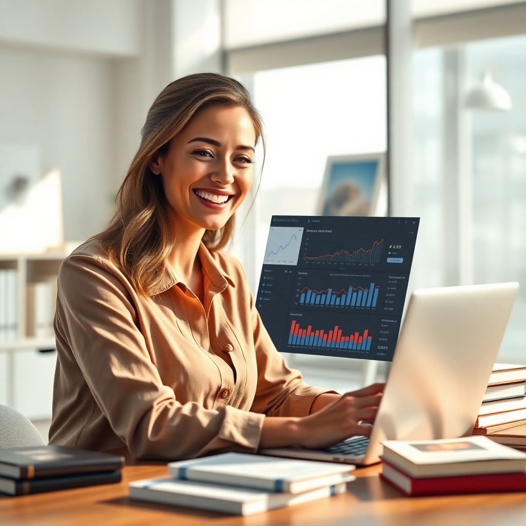A photorealistic image of a confident female entrepreneur smiling at her laptop, showing a dashboard with affiliate sales tracking and graphs, surrounded by books and online course materials. The background should feature a modern, minimalist office setting with natural light streaming in, enhancing the image's overall aesthetic appeal. The color palette should be predominantly warm and inviting, using earthy tones and soft pastels, with strategic highlights to emphasize key elements such as the laptop screen and the woman's expression.