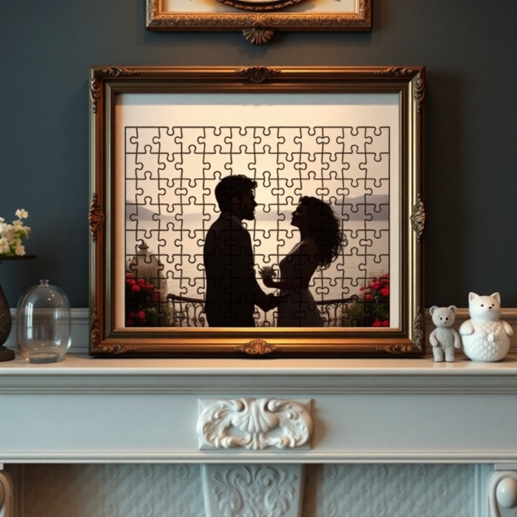 A photorealistic image of a completed jigsaw puzzle in an elegant frame, placed on a mantelpiece. The puzzle depicts a romantic couple in a memorable setting, like a scenic location or a special event. The image should evoke a sense of nostalgia and cherished memories.  High resolution, realistic lighting, attention to details of the frame and the surrounding environment.