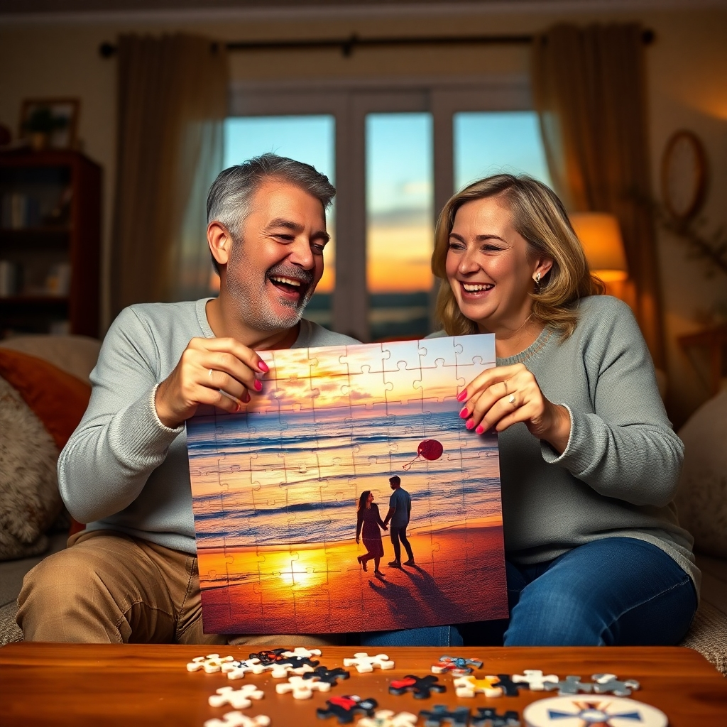 A photorealistic image of a couple happily assembling a jigsaw puzzle of a romantic photo of themselves.  The puzzle is nearly complete, showing a beach sunset scene. They are smiling and laughing, holding puzzle pieces.  The setting is a cozy living room with warm lighting.  High resolution, detailed textures, sharp focus.