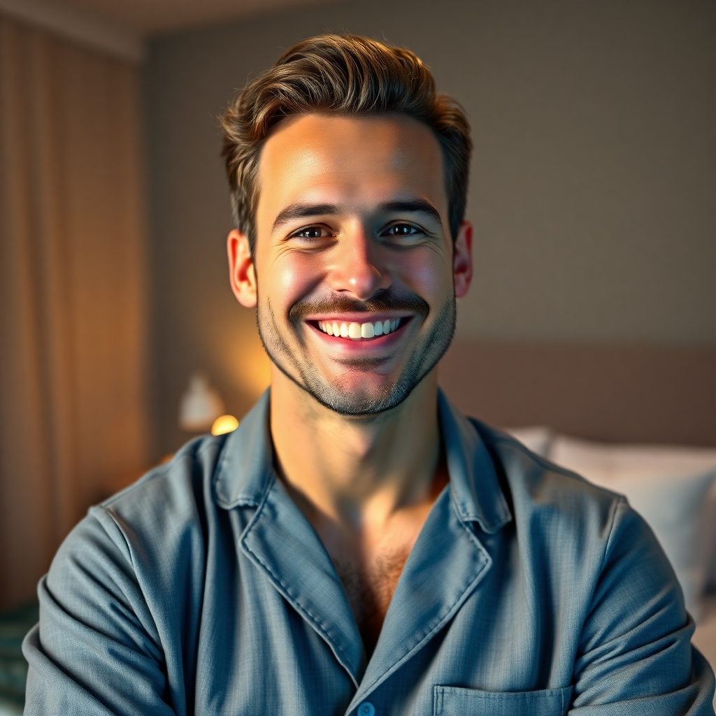 A photorealistic image of a confident man smiling warmly, looking directly at the camera, and radiating happiness and self-assurance. He is dressed in comfortable but stylish pajamas. The background is a softly lit, modern bedroom, suggesting intimacy and comfort.