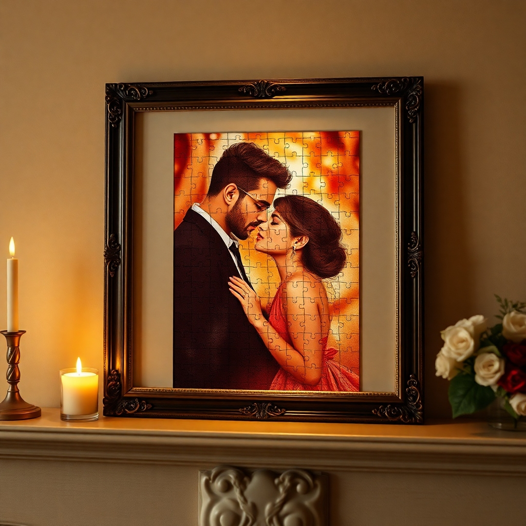 A photorealistic image of a completed A3 sized jigsaw puzzle depicting a romantic couple, framed and displayed on a mantelpiece. The image should be warm, inviting, and convey a sense of romance. Soft lighting is preferred, highlighting the image's details and the elegance of the frame. The background setting should include elements that suggest a romantic ambiance, such as candles, flowers, or a cozy fireplace.