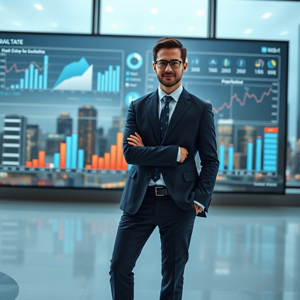 A photorealistic image of a confident businessperson in smart casual attire, standing in front of a large interactive screen displaying real estate market data charts and graphs, with a modern city skyline subtly visible in the background. The overall mood should be one of intelligence and success.