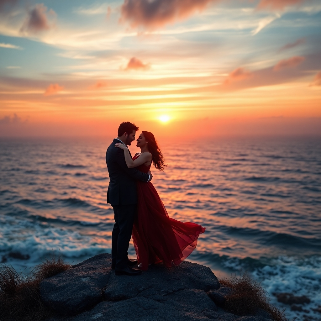 A photorealistic image of a couple embracing passionately on a windswept cliff overlooking a dramatic ocean sunset. The man is wearing a dark suit and the woman is wearing a flowing red dress. The scene is imbued with a romantic, cinematic lighting style, emphasizing the intensity of their emotions. The overall mood is one of deep, unconditional love and commitment.