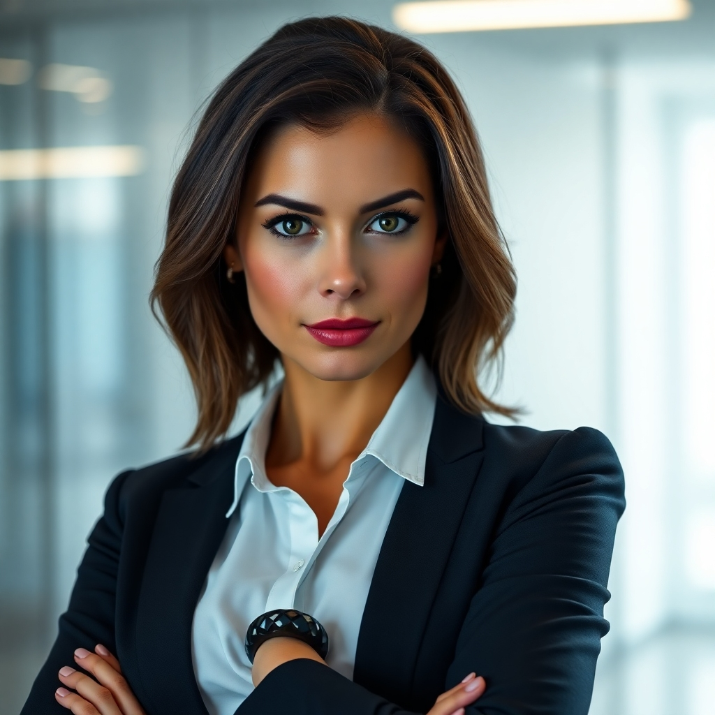 A photorealistic image of a confident woman wearing a stylish black onyx bracelet. She's dressed in professional attire and is looking directly at the camera with a determined expression. The background could be a modern office setting.  The bracelet should be prominently featured, showcasing its sleek design and rich black color. The lighting should be sharp and clear, highlighting the details of the bracelet and the woman's determined expression. The overall mood should convey power, confidence, and success.