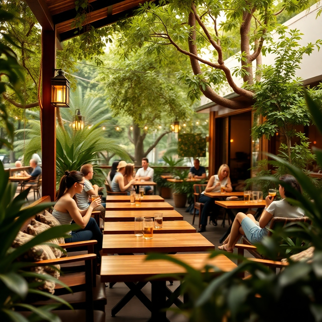 A photorealistic image of a cozy outdoor cafe area, surrounded by lush green trees and plants.  Warm lighting, wooden furniture, comfortable seating, and soft, natural color tones are prominent. People are casually enjoying drinks and conversation. The overall mood is relaxed and inviting. The image should have a shallow depth of field, focusing on the foreground. High resolution and detailed textures are desired.