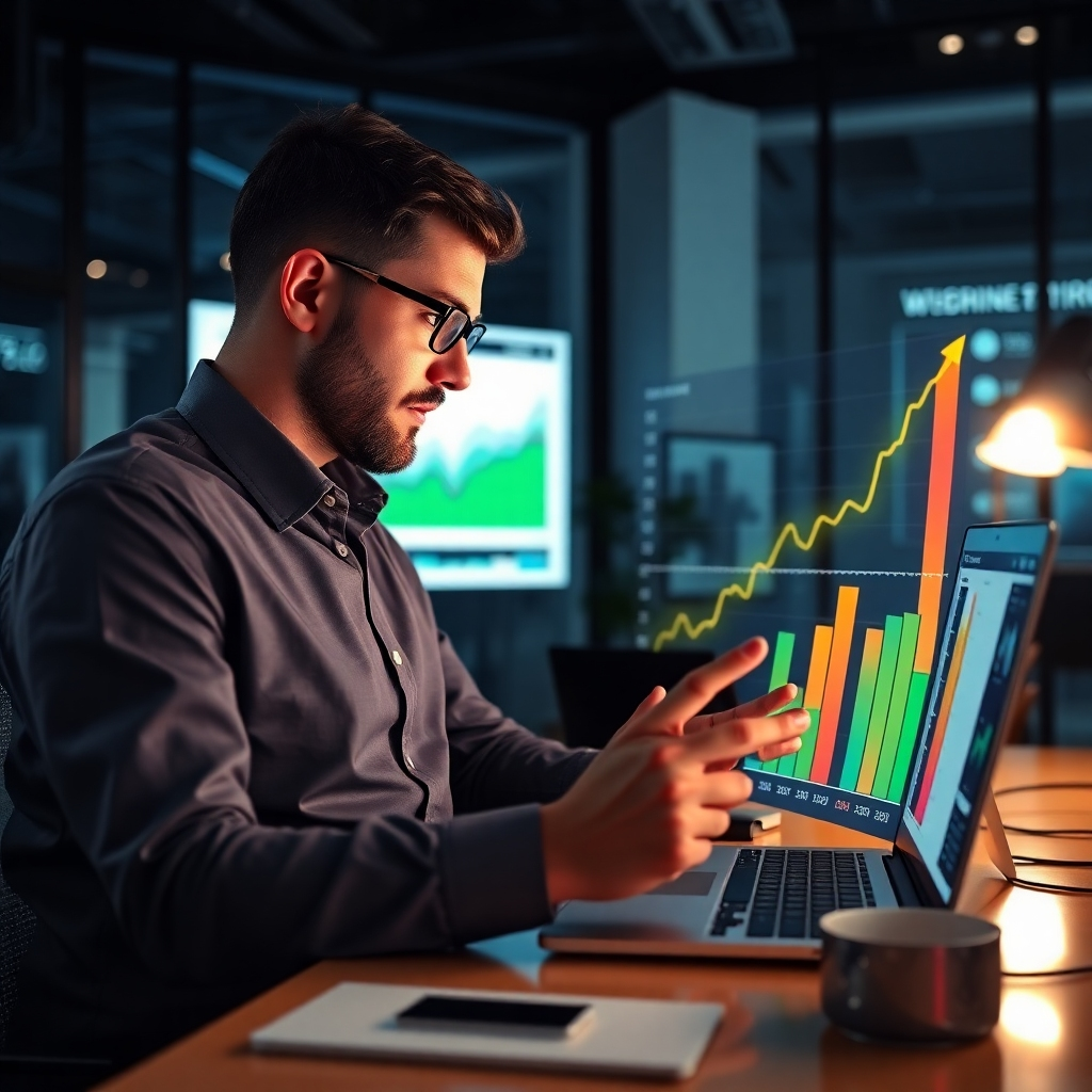 A photorealistic image of a data analyst reviewing charts and graphs showing upward trends in website traffic and sales conversions. The background should depict a modern, high-tech office environment.