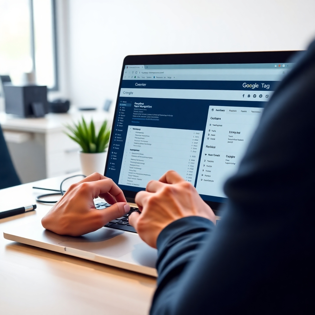 A photorealistic image of a developer's hands working on a laptop, with the Google Tag Manager interface clearly visible on the screen.  The background should be a clean, modern workspace, implying efficiency and ease of use. The image should convey a sense of control and organization.