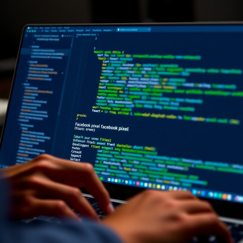 A photorealistic image of a developer carefully placing a Facebook Pixel code snippet into a website's HTML, with a clean and organized code editor visible in the background, showcasing best practices for pixel integration. The image should emphasize precision and accuracy in the process.