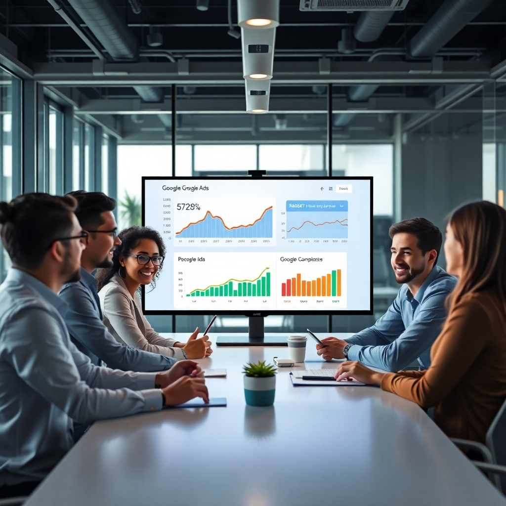 A photorealistic image of a diverse group of people sitting around a table in a modern office, looking at a large monitor displaying Google Ads campaign results with positive metrics.  The atmosphere should be collaborative and positive. Include subtle branding elements of Google.