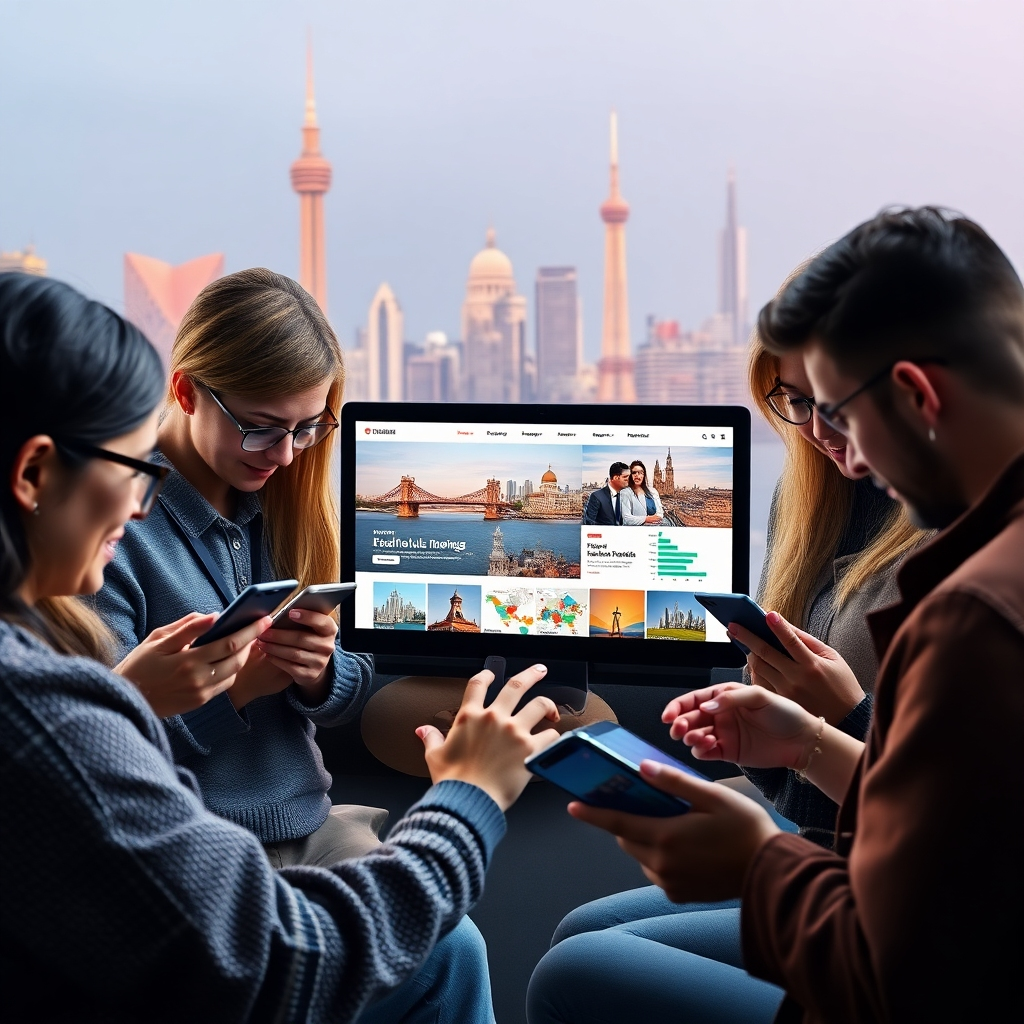 A photorealistic image of a diverse group of people from different countries, each looking at a website translated into their native language on their respective devices (smartphone, laptop, tablet). The website should showcase a vibrant and modern design.  The background should subtly showcase international landmarks. High resolution, detailed, and vibrant colors.