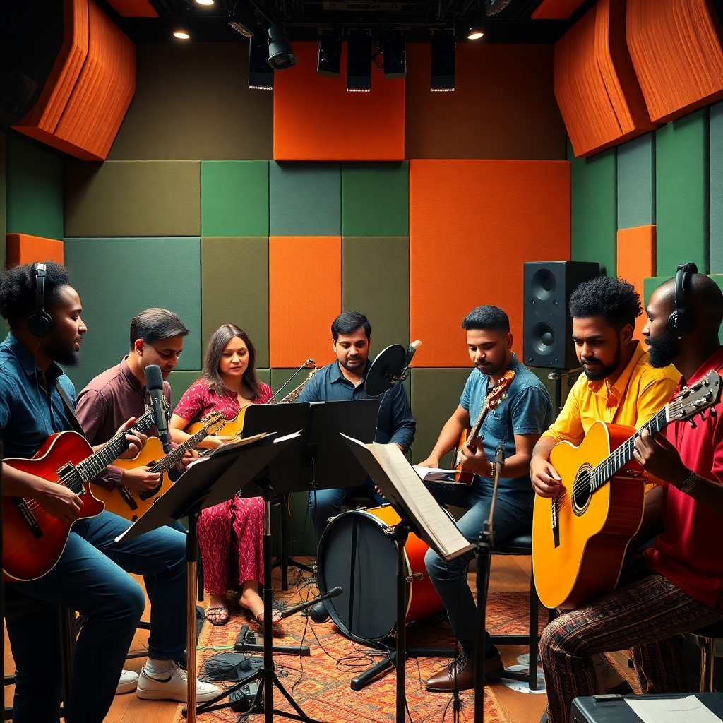 A photorealistic image of a diverse group of musicians from different countries collaborating in a recording studio.  The scene should be filled with vibrant colors and advanced recording equipment. High resolution, bright and airy lighting, focus on the collaborative spirit.