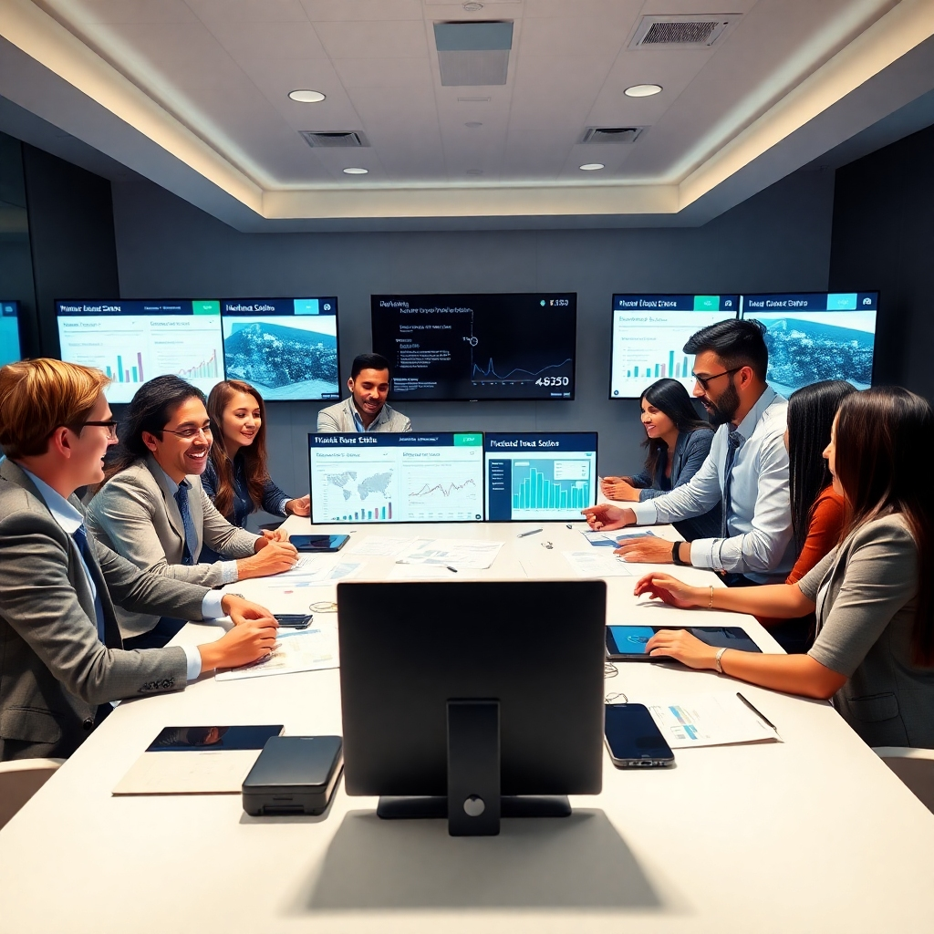 A photorealistic image of a diverse team of real estate agents collaborating around a large table, reviewing marketing materials and data analytics on multiple screens.  The atmosphere is energetic and positive.  Focus on the team's collaborative spirit and the modern technology they use. The image should convey professionalism, strategy, and the use of digital marketing tools.