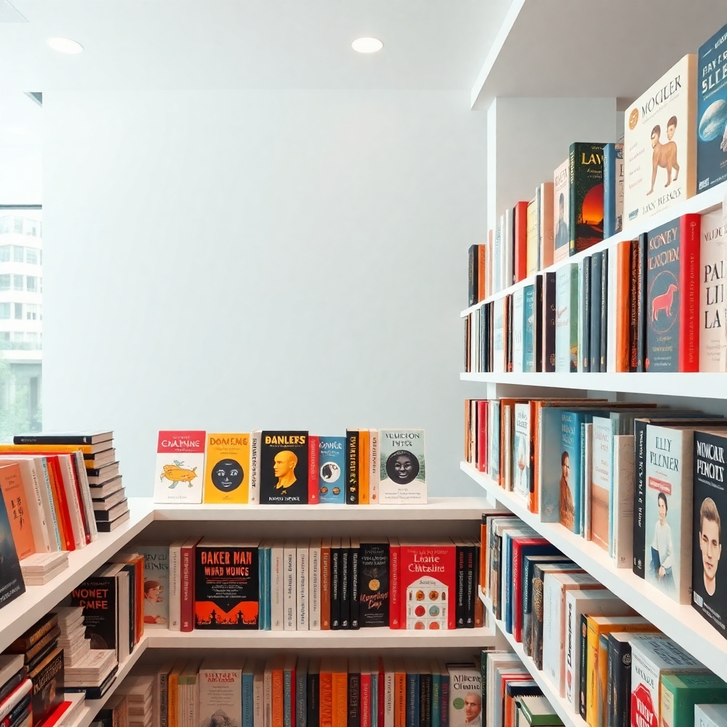 A photorealistic image of a diverse collection of books, neatly organized on shelves in a bright, modern online bookstore.  The books should have varied genres and cover designs, showcasing titles in both Thai and English.  The background should be a clean, minimalist aesthetic, focusing on the books as the main subject.  The lighting should be soft and natural, highlighting the book covers and titles.