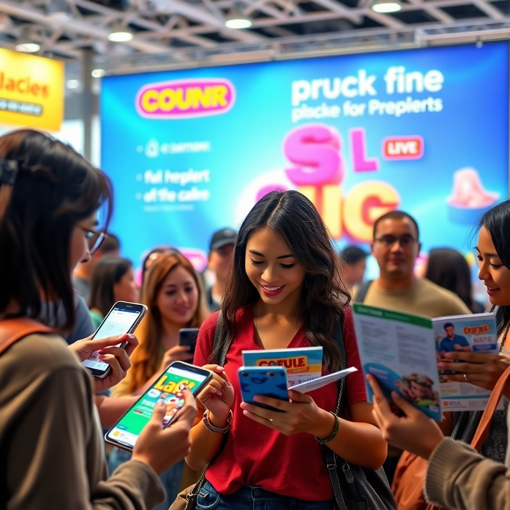 A photorealistic image of a diverse group of people interacting with various promotional materials, such as online ads on smartphones, flyers in hand, and a promotional banner in the background.  The scene should be vibrant and energetic, depicting a blend of online and offline promotional channels.  High-resolution, detailed, and with a warm, inviting light.