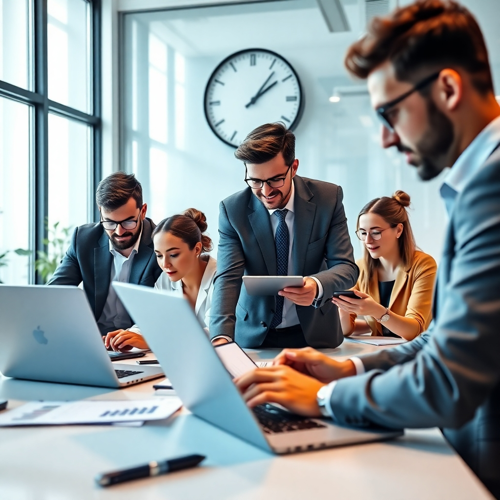 A photorealistic image of a diverse team of accountants working collaboratively in a modern, bright office.  They are using laptops and looking at financial charts and graphs.  The scene should convey efficiency and speed, perhaps with a clock prominently displayed showing the time.  The overall mood should be one of focused energy and teamwork.